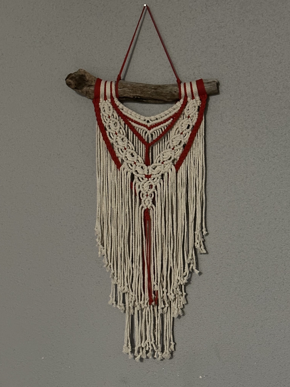 Handmade Red and Cream Macramé Wall Hanging